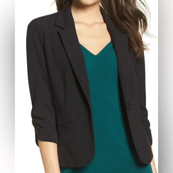 Frenchi one button blazer jacket black ruched 3/4 sleeves - Picture 1 of 6